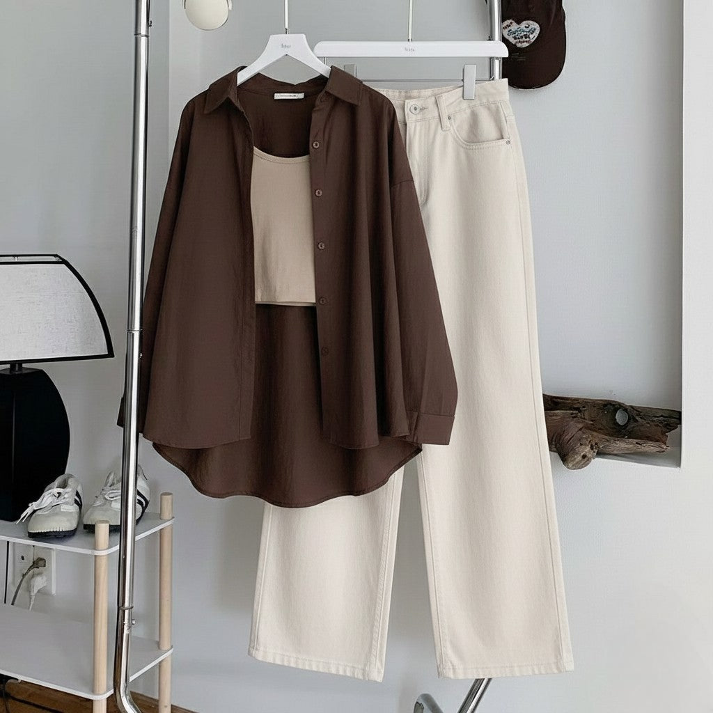 Brown Button Down , Beige Inner & Beige Wide Leg Jeans