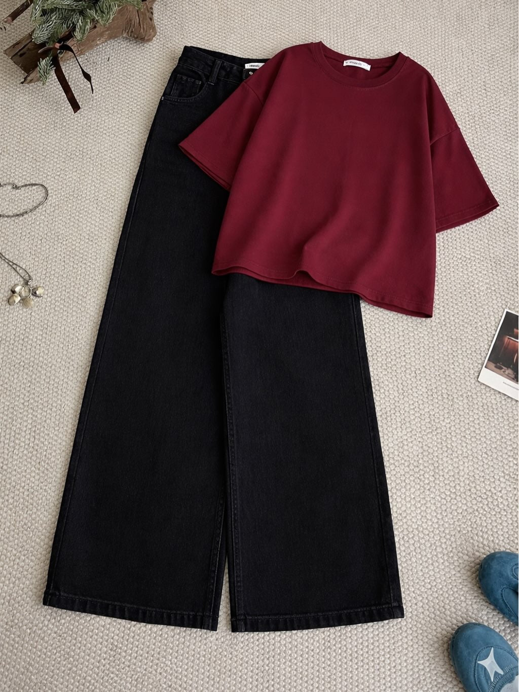 Maroon Drop Shoulder T-Shirt With Black Wide Leg Jeans