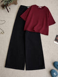 Maroon Drop Shoulder T-Shirt With Black Wide Leg Jeans