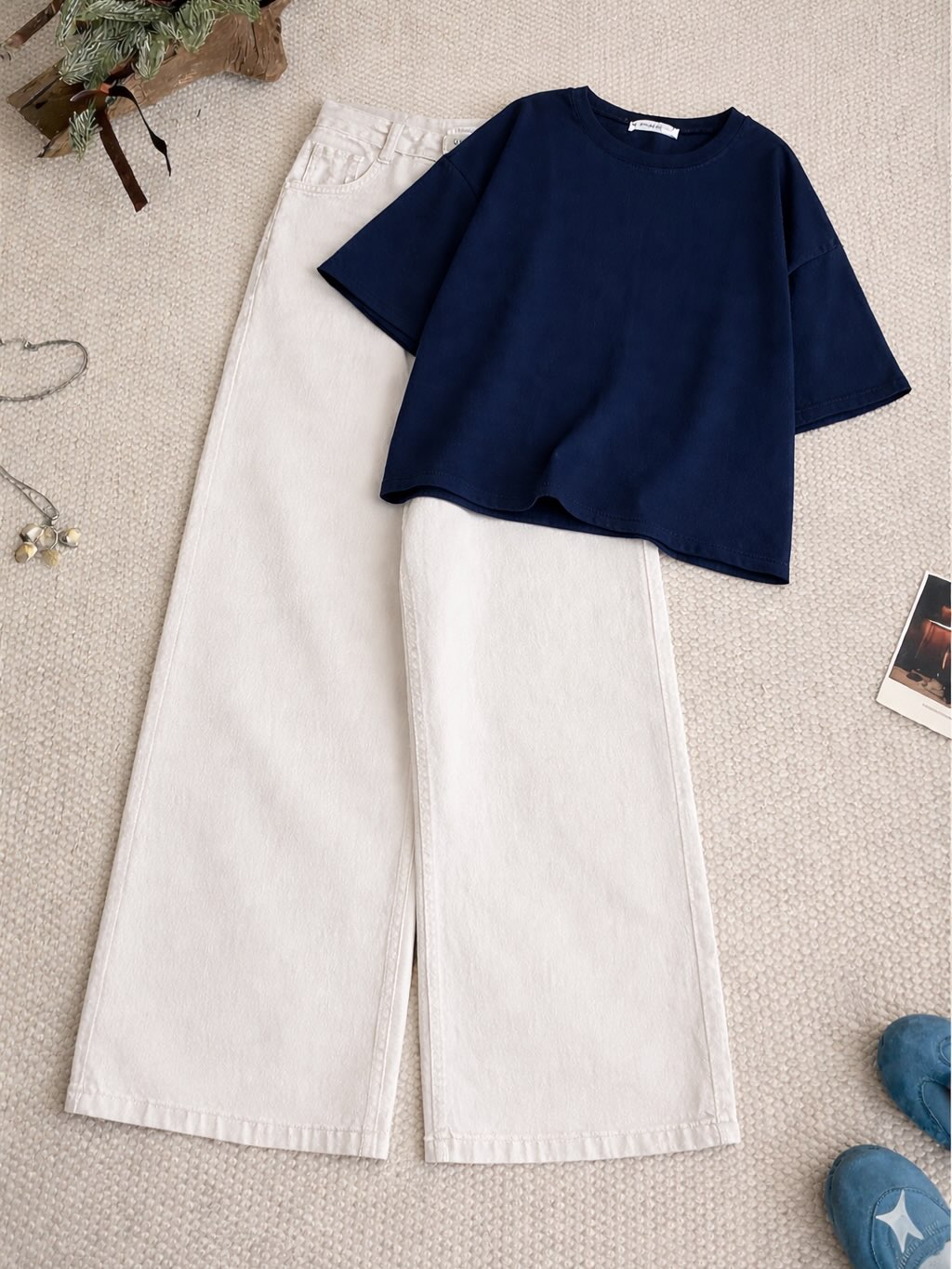 Navy-Blue Drop Shoulder T-Shirt With White Wide Leg Jeans