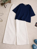 Navy-Blue Drop Shoulder T-Shirt With White Wide Leg Jeans