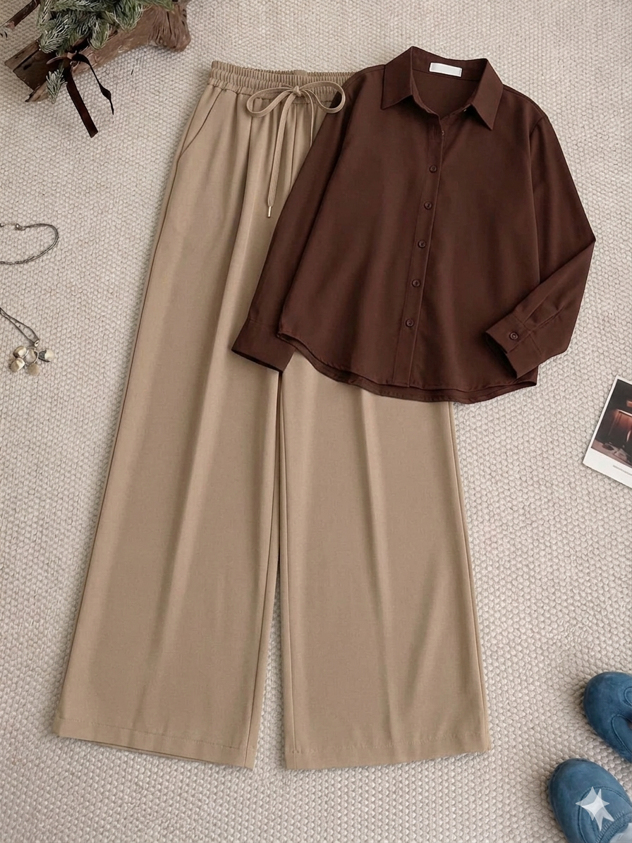 Brown Button Down Shirt & Beige Flapper Trouser