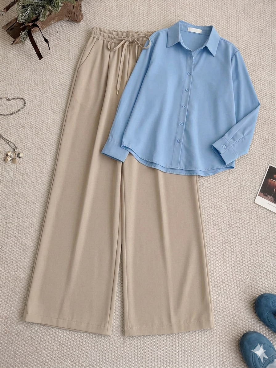 Sky-Blue Button Down Shirt & Beige Flapper Trouser