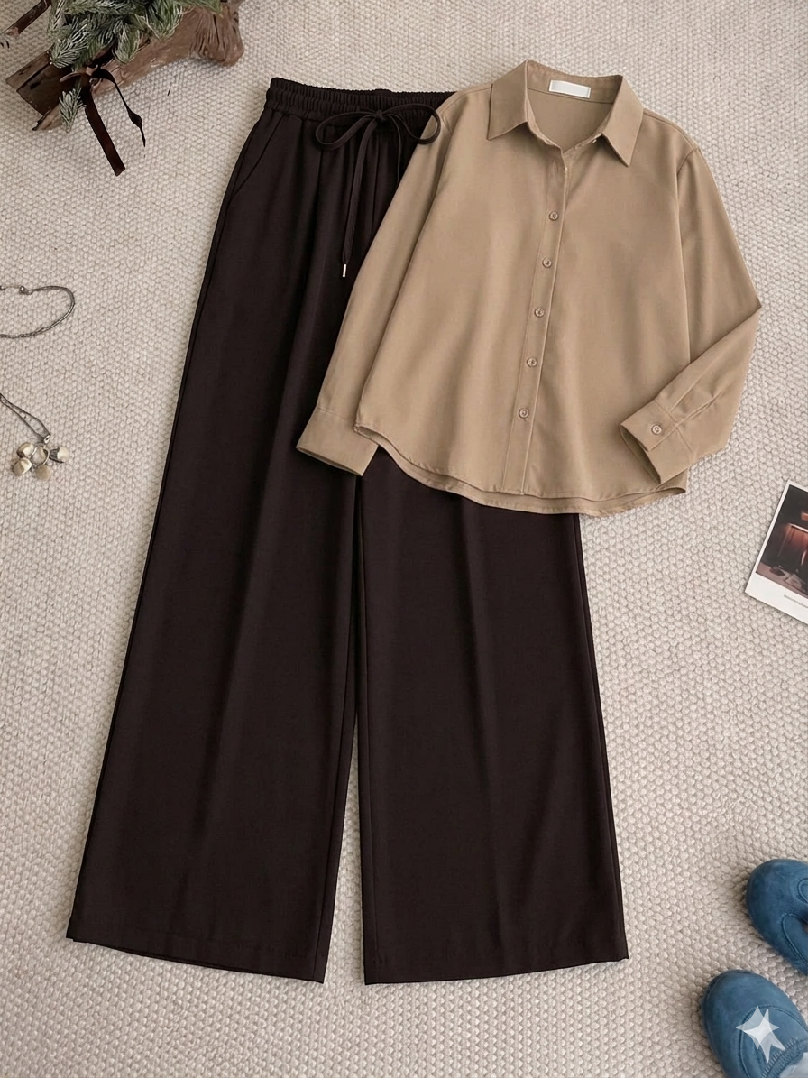 Beige Button Down Shirt & Brown Flapper Trouser