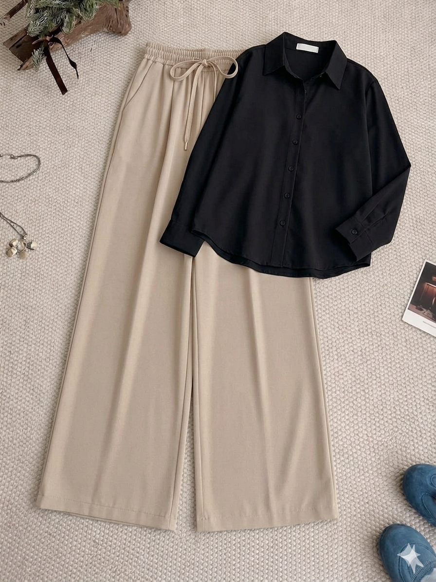 Black Button Down Shirt & Beige Flapper Trouser