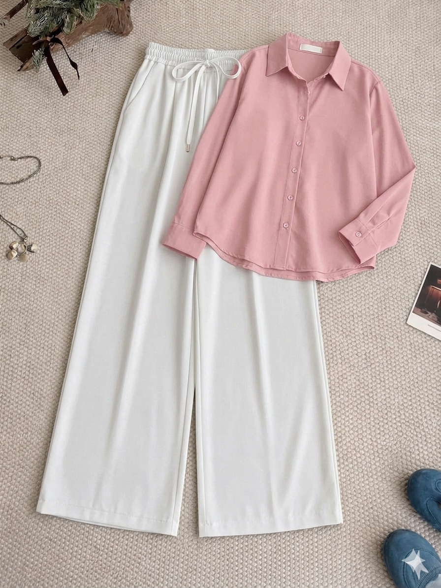 Baby Pink Button Down Shirt & White Flapper Trouser