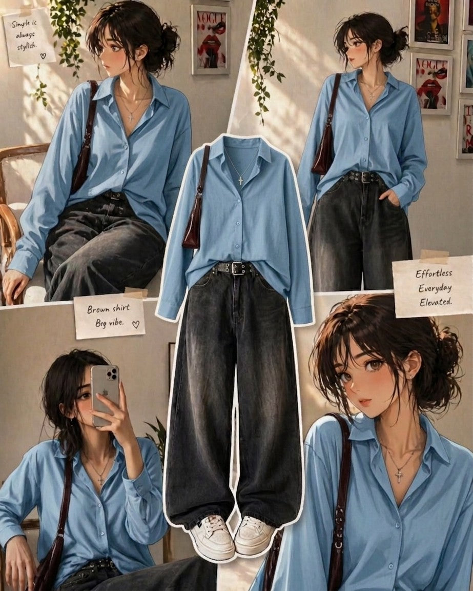 Sky-Blue Striped Button-Down Shirt With Black Vintage Wide Leg Jeans