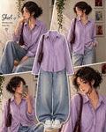 Lilac Striped Button-Down Shirt With Ice-Blue Vintage Wide Leg Jeans