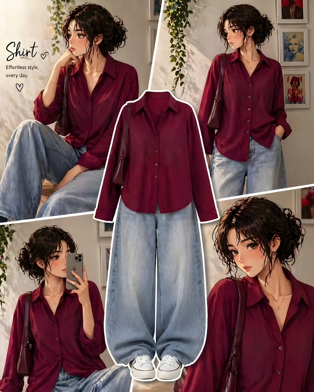 Maroon Striped Button-Down Shirt With Ice-Blue Vintage Wide Leg Jeans
