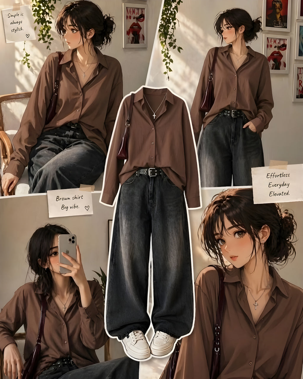 Brown Button-Down Shirt With Charcoal Grey Vintage Wide Leg Jeans