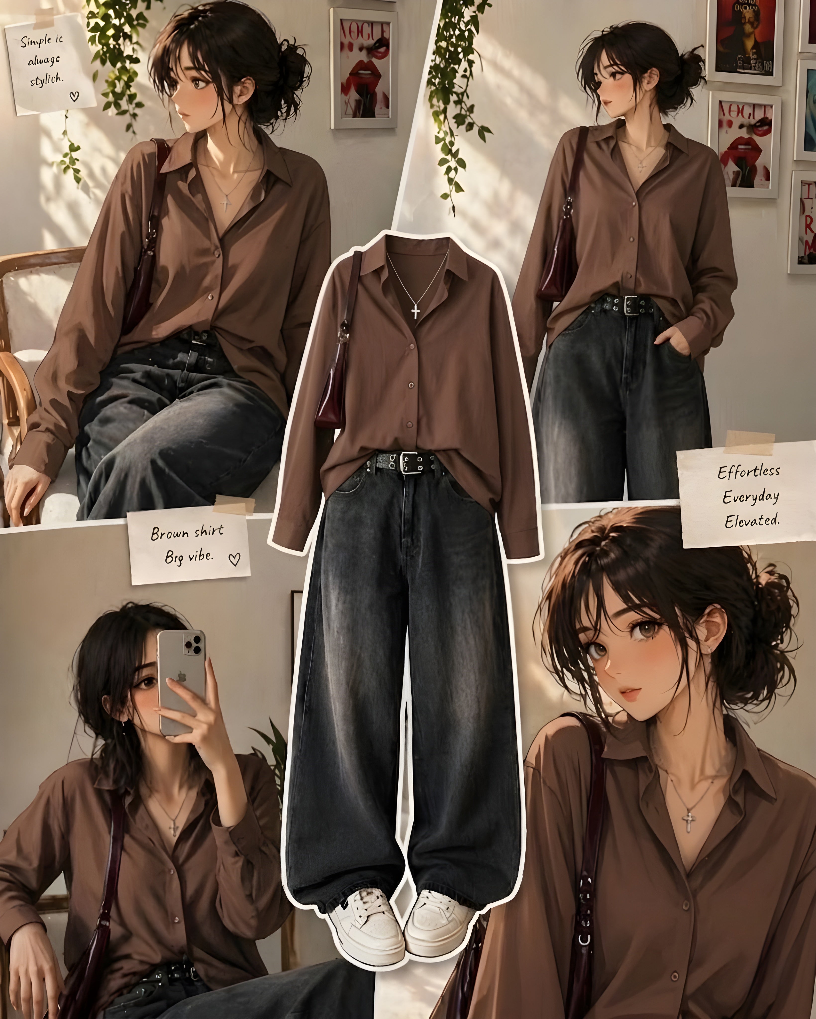Brown Button-Down Shirt With Charcoal Grey Vintage Wide Leg Jeans