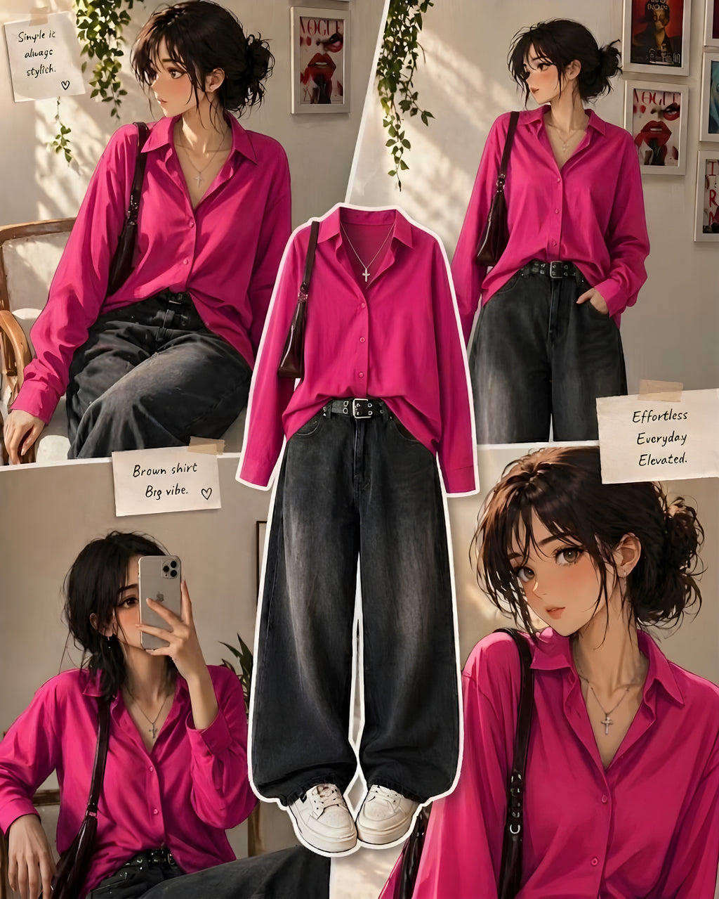 Hot-Pink Button-Down Shirt With Charcoal Grey Vintage Wide Leg Jeans
