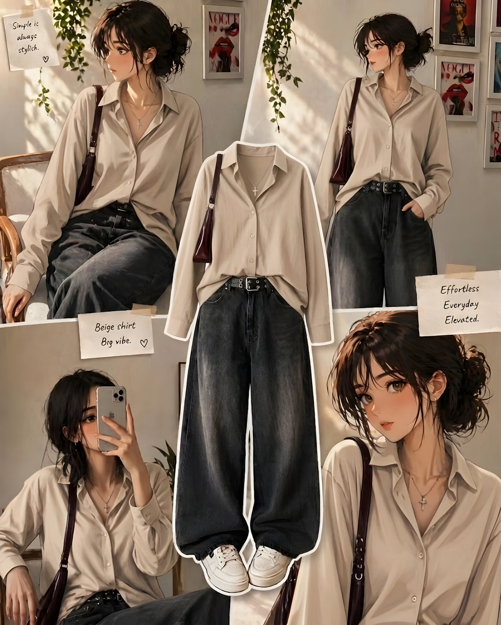 Beige Striped Button-Down Shirt With Black Vintage Wide Leg Jeans