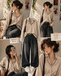 Beige Striped Button-Down Shirt With Black Vintage Wide Leg Jeans