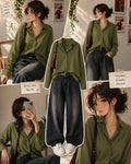 Olive-Green Button-Down Shirt With Charcoal Grey Vintage Wide Leg Jeans