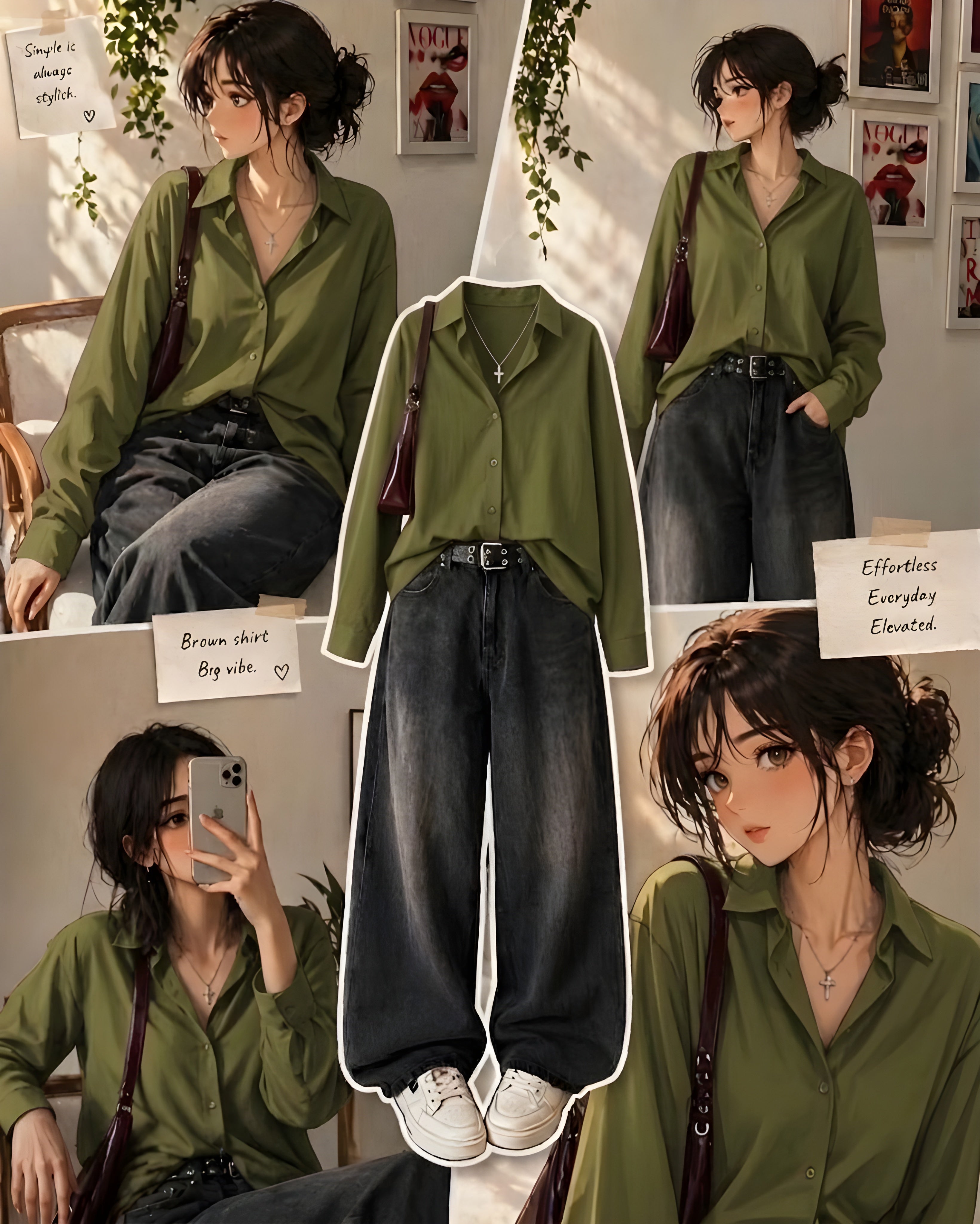Olive-Green Button-Down Shirt With Charcoal Grey Vintage Wide Leg Jeans
