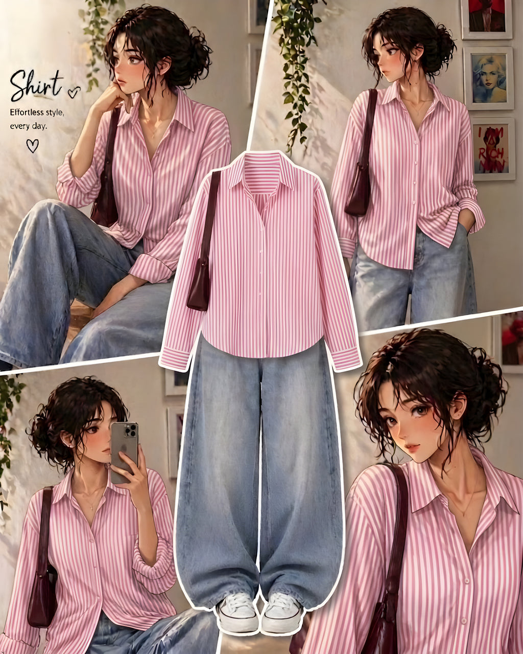Baby-Pink Striped Button-Down Shirt With Ice-Blue Vintage Wide Leg Jeans