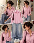 Baby-Pink Striped Button-Down Shirt With Ice-Blue Vintage Wide Leg Jeans