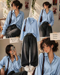 Blue Striped Button-Down Shirt With Charcoal Grey Vintage Wide Leg Jeans