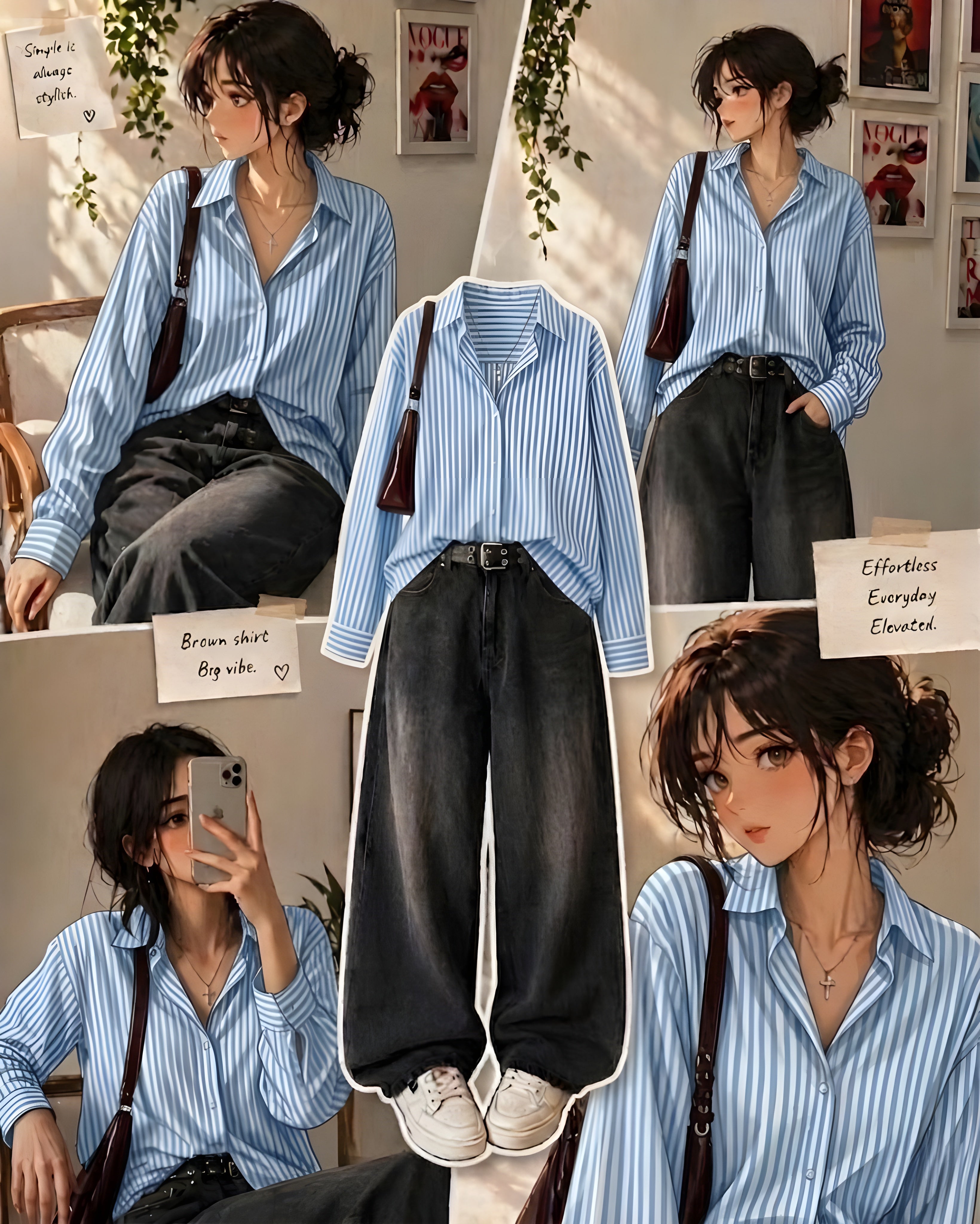 Blue Striped Button-Down Shirt With Charcoal Grey Vintage Wide Leg Jeans
