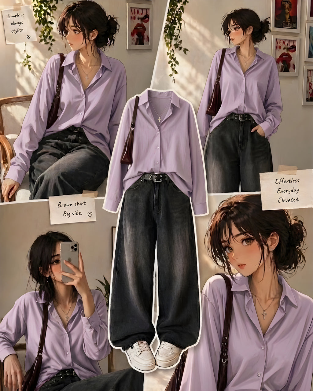 Lilac Striped Button-Down Shirt With Black Vintage Wide Leg Jeans