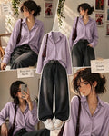 Lilac Striped Button-Down Shirt With Black Vintage Wide Leg Jeans