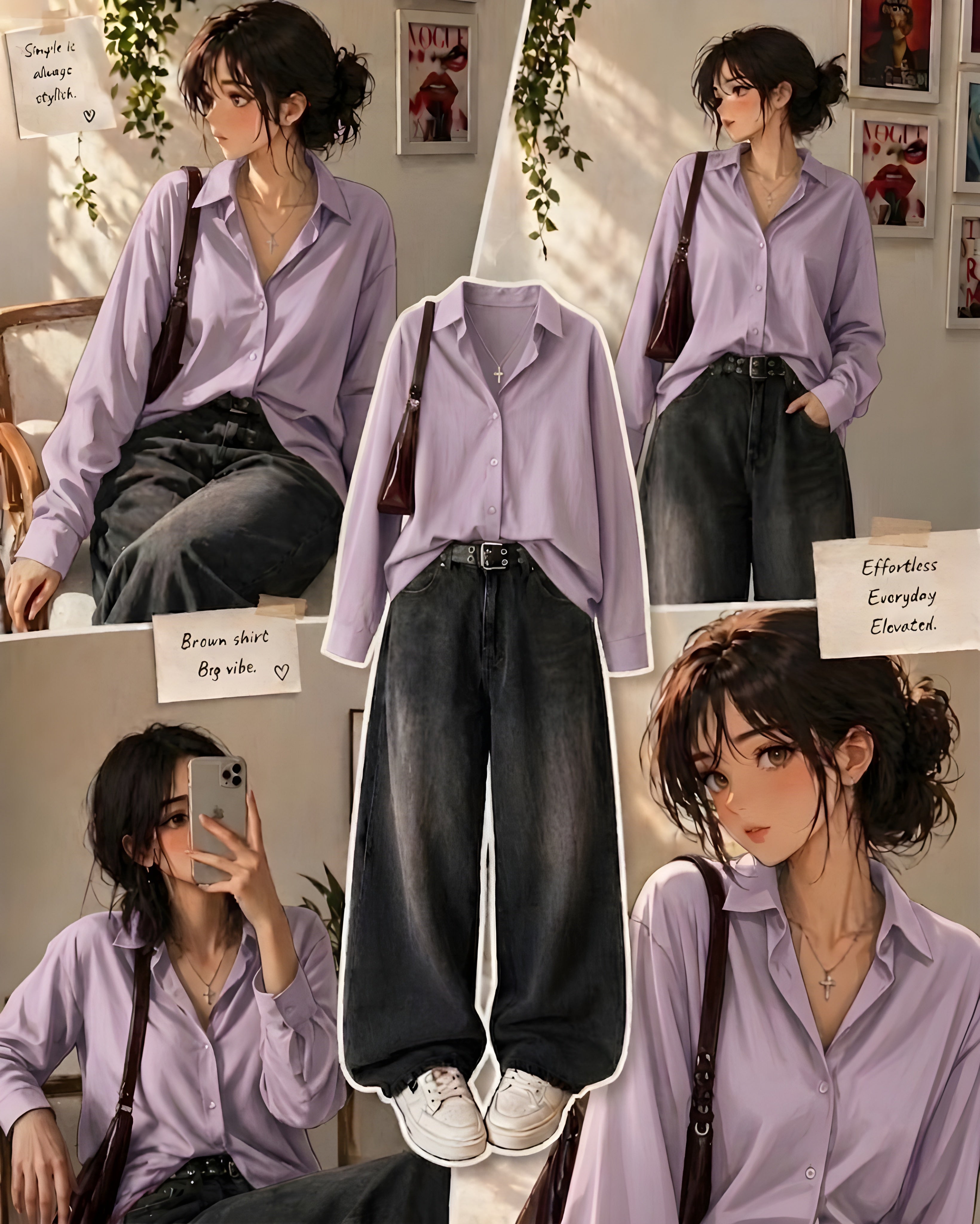 Lilac Striped Button-Down Shirt With Black Vintage Wide Leg Jeans