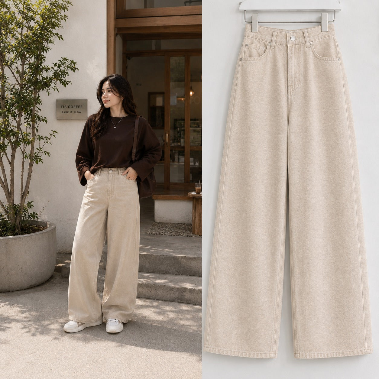 Beige Wide Leg Jeans