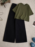 Olive-Green Drop Shoulder T-Shirt With Black Wide Leg Jeans