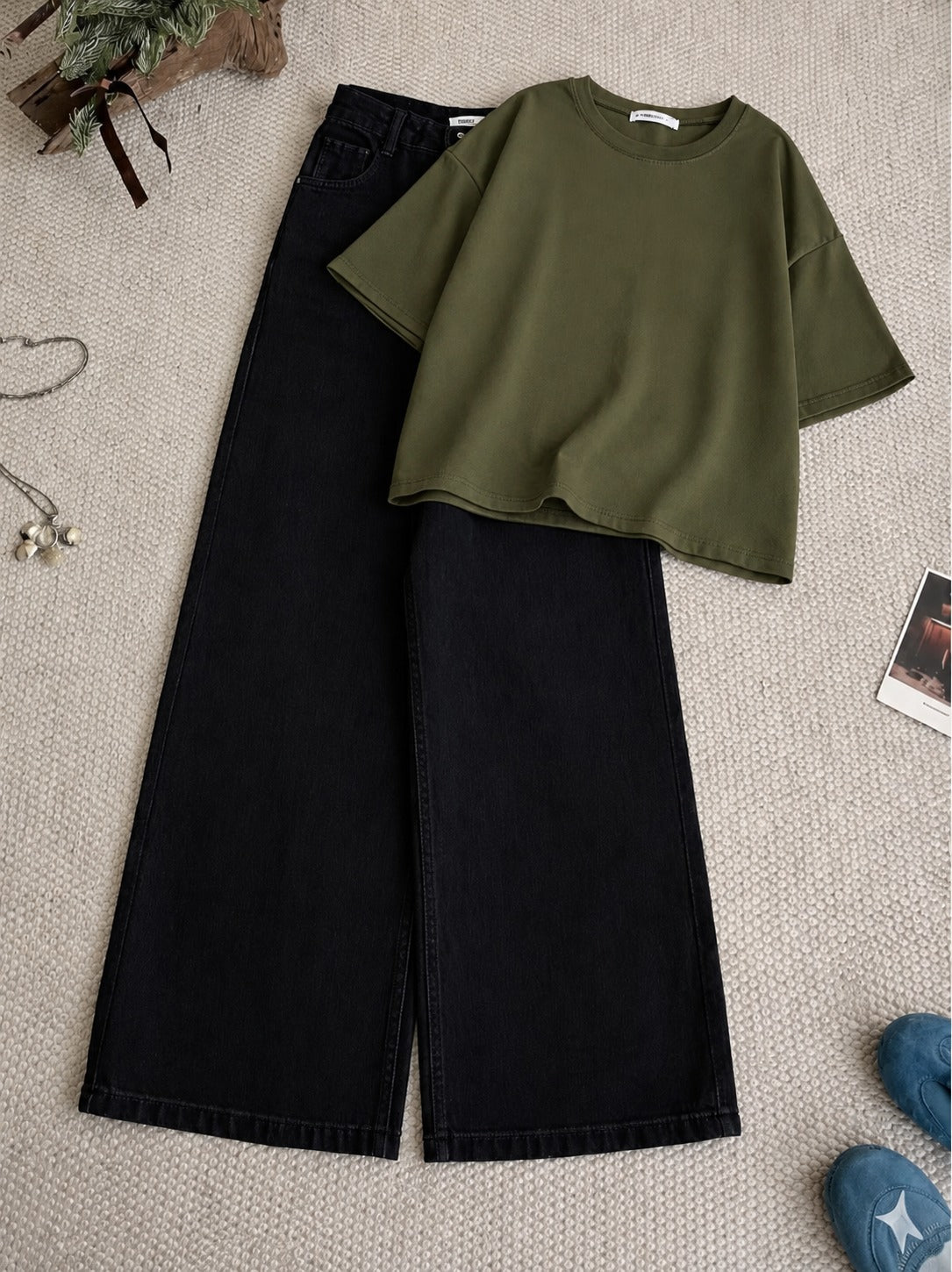 Olive-Green Drop Shoulder T-Shirt With Black Wide Leg Jeans