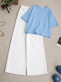 Sky-Blue Drop Shoulder T-Shirt With White Wide Leg Jeans