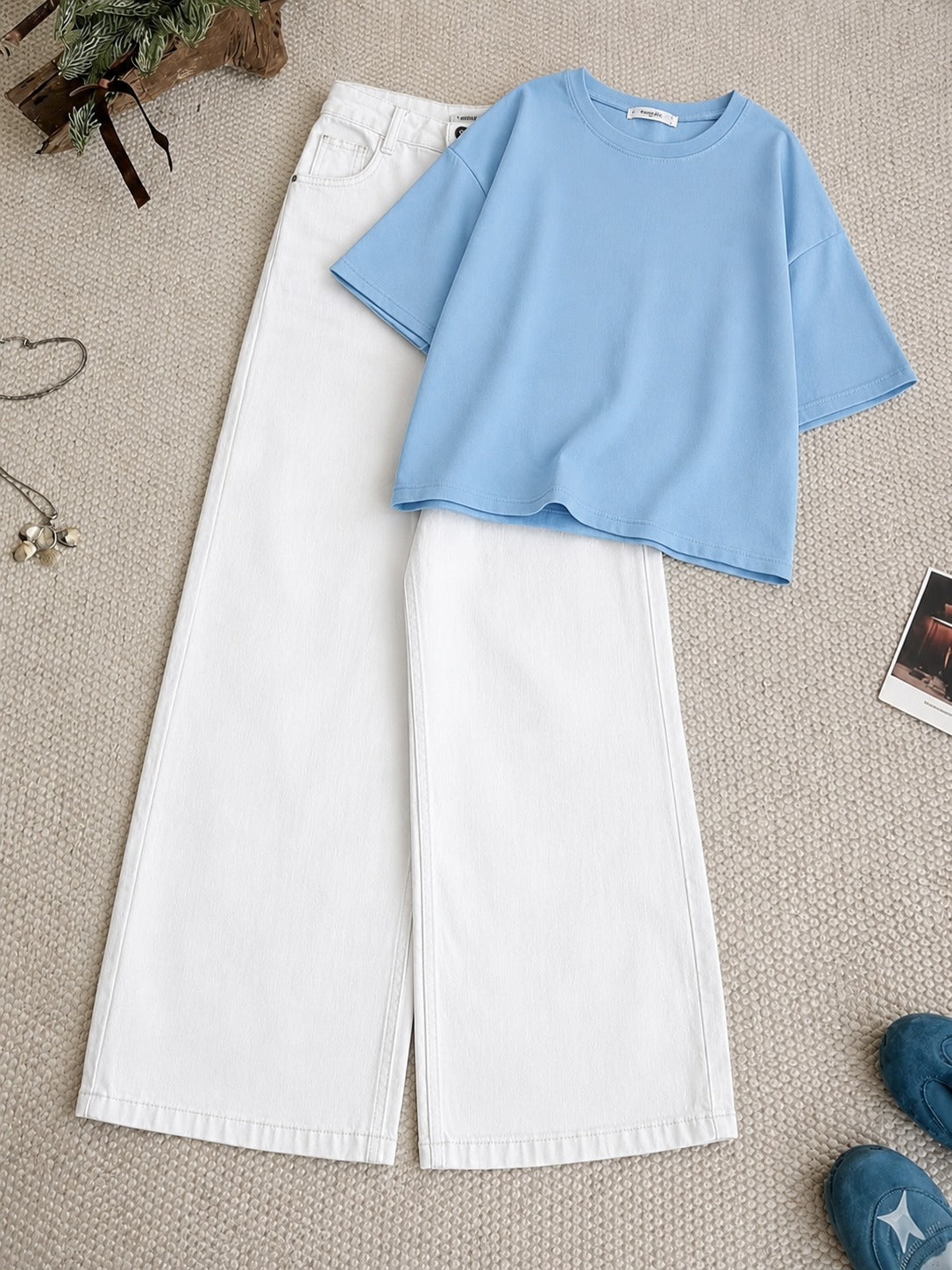 Sky-Blue Drop Shoulder T-Shirt With White Wide Leg Jeans