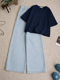 Navy-Blue Drop Shoulder T-Shirt With Ice-Blue Wide Leg Jeans