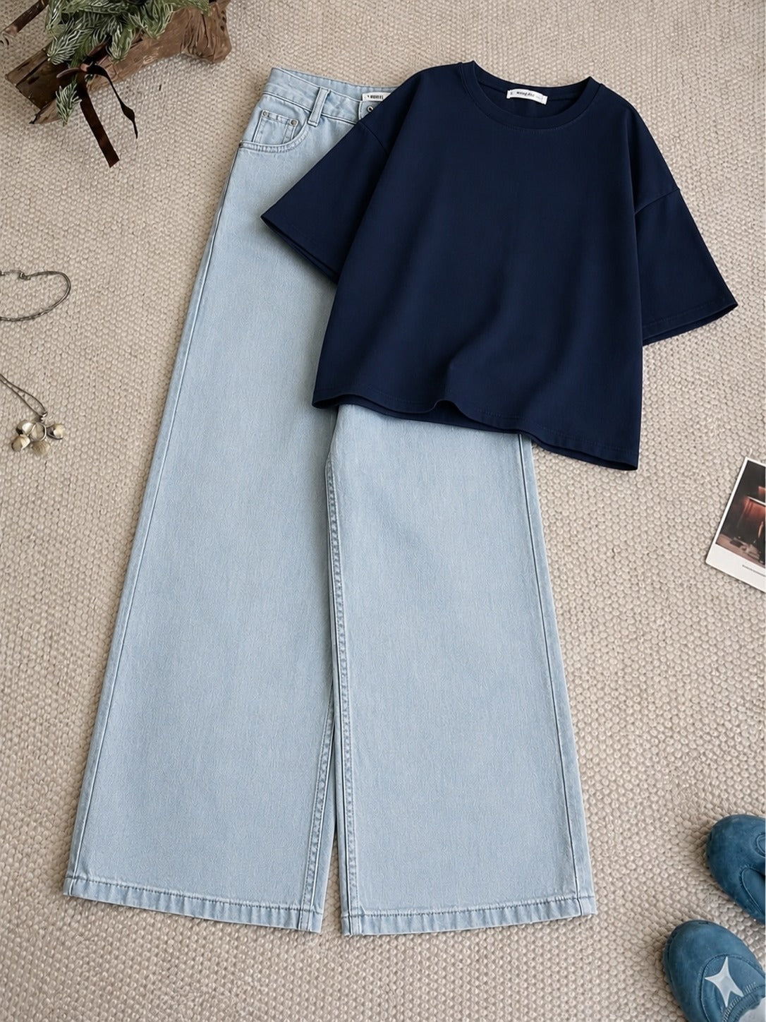 Navy-Blue Drop Shoulder T-Shirt With Ice-Blue Wide Leg Jeans