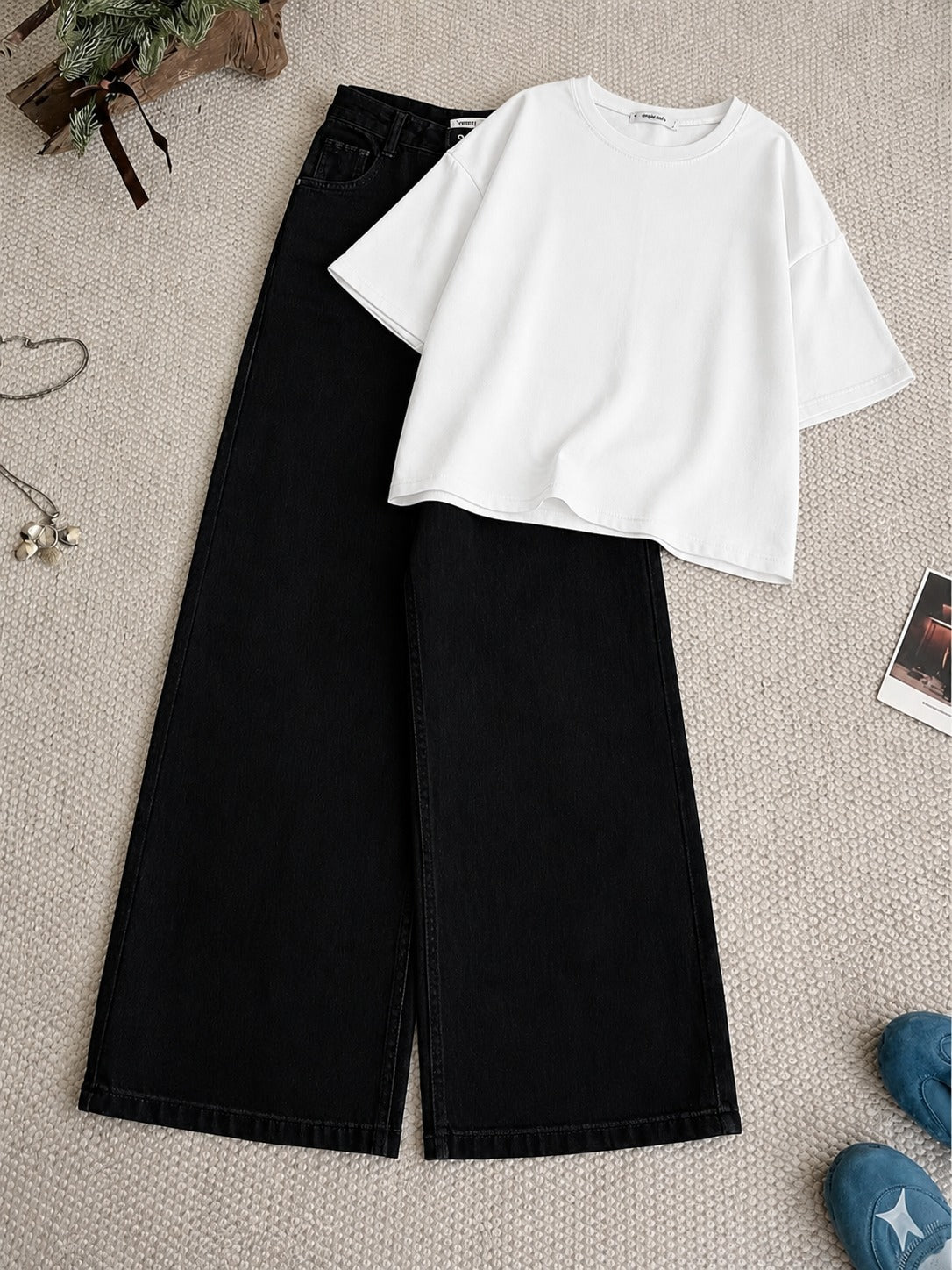 White Drop Shoulder T-Shirt With Black Wide Leg Jeans