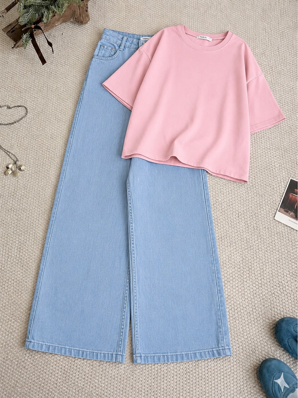 Baby-Pink Drop Shoulder T-Shirt With Ice-Blue Wide Leg Jeans