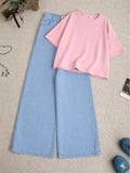 Baby-Pink Drop Shoulder T-Shirt With Ice-Blue Wide Leg Jeans