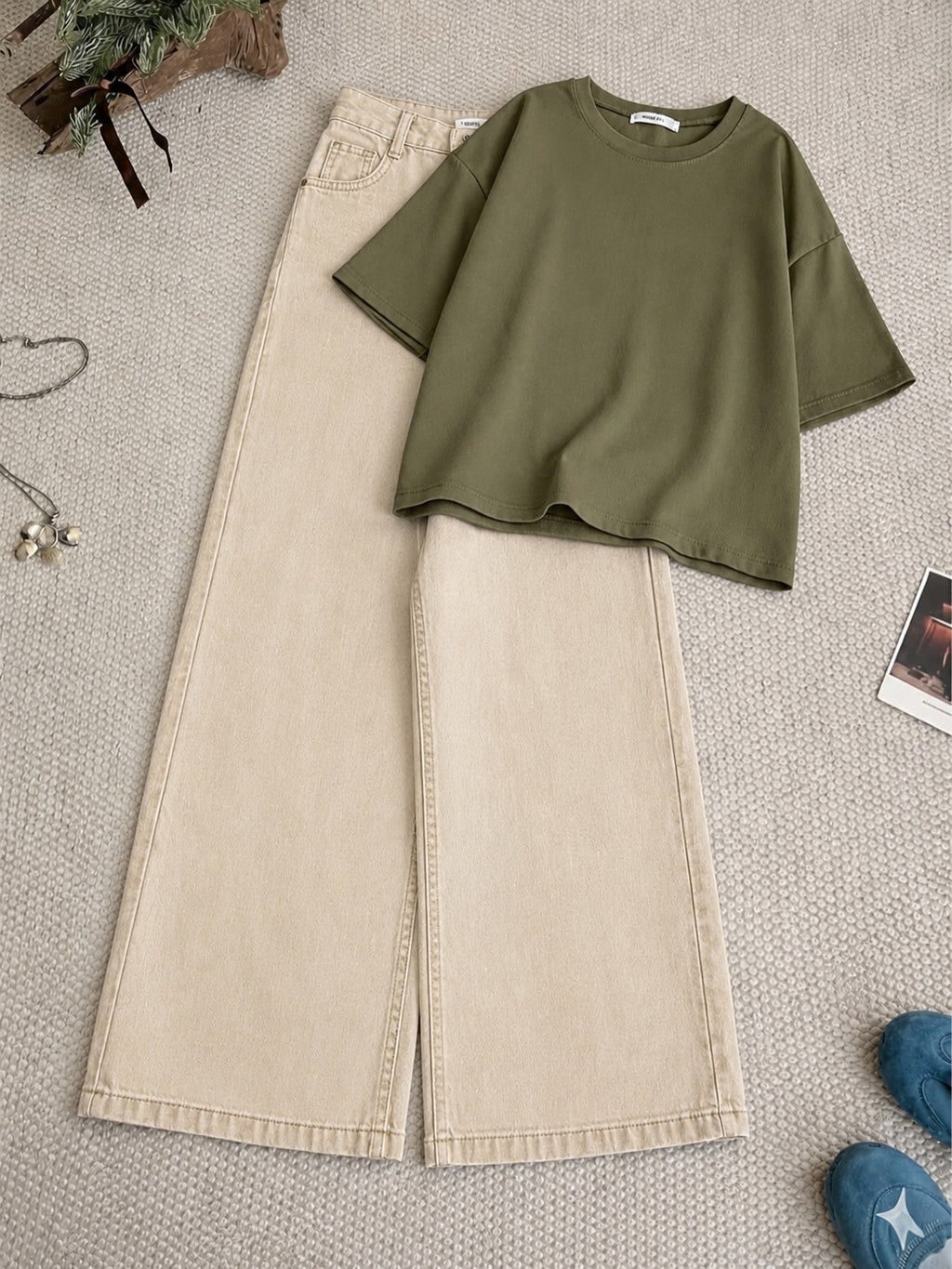Olive-Green Drop Shoulder T-Shirt With Beige Wide Leg Jeans