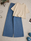 Beige Drop Shoulder T-Shirt With Mid-Blue Wide Leg Jeans