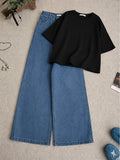 Black Drop Shoulder T-Shirt With Mid-Blue Wide Leg Jeans