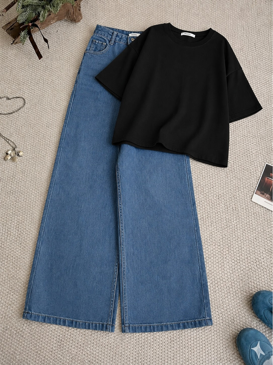 Black Drop Shoulder T-Shirt With Mid-Blue Wide Leg Jeans