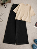 Beige Drop Shoulder T-Shirt With Black Wide Leg Jeans