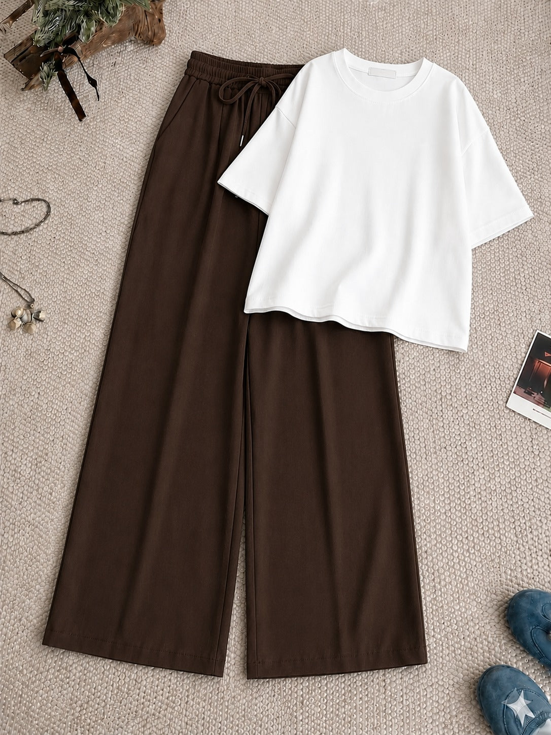 White Drop T-shirt With Brown Flapper Trouser