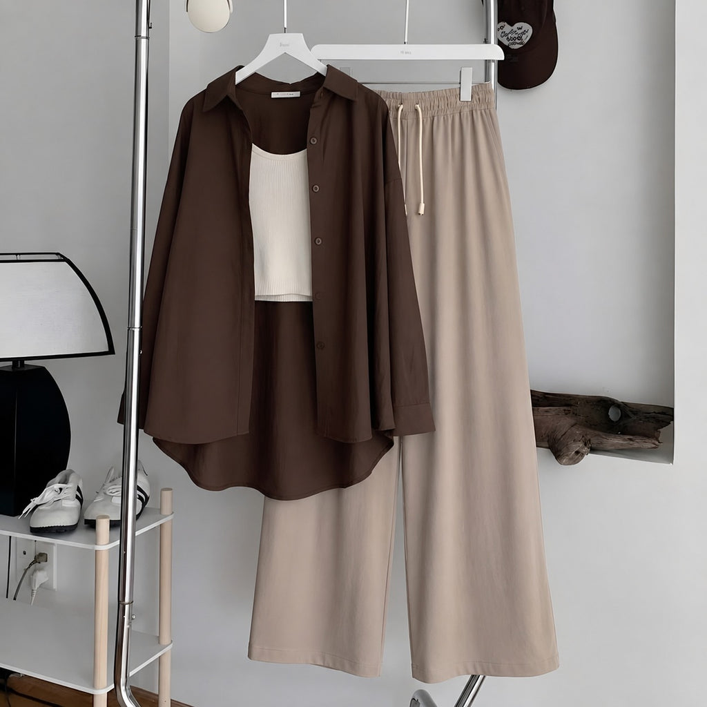 Brown Button Down ,White Inner & Beige Flapper Trouser