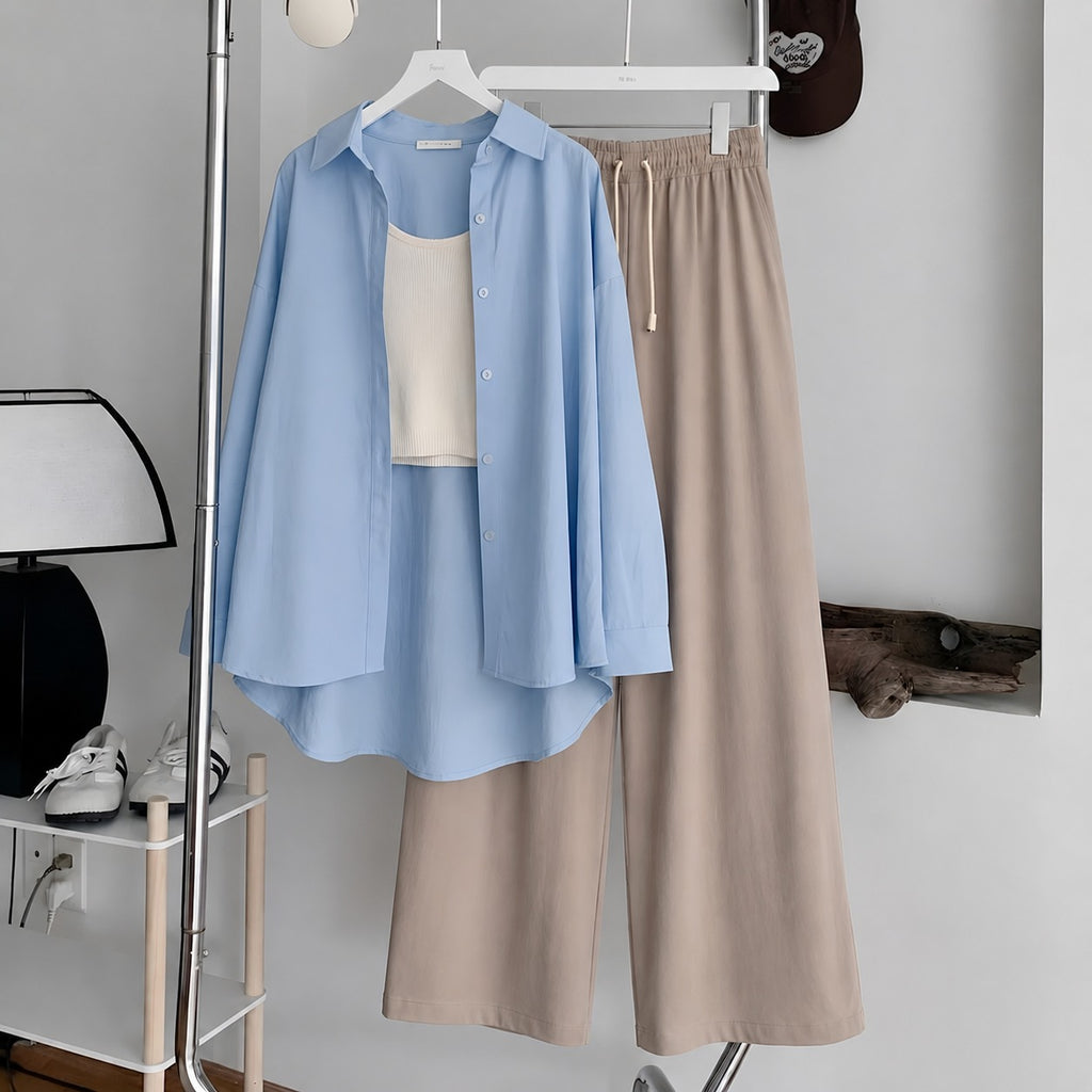 Sky-Blue Button Down ,White Inner & Beige Flapper Trouser