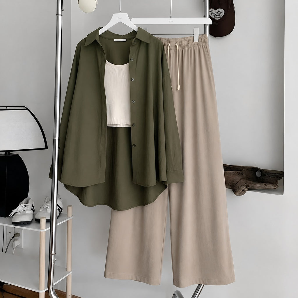 Olive-Green Button Down ,White Inner & Beige Flapper Trouser