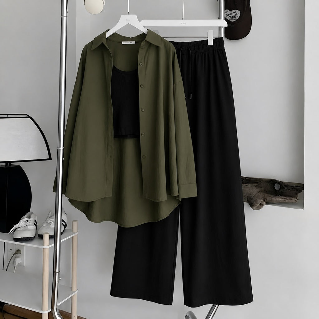Olive-Green Button Down ,Black Inner & Black Flapper Trouser