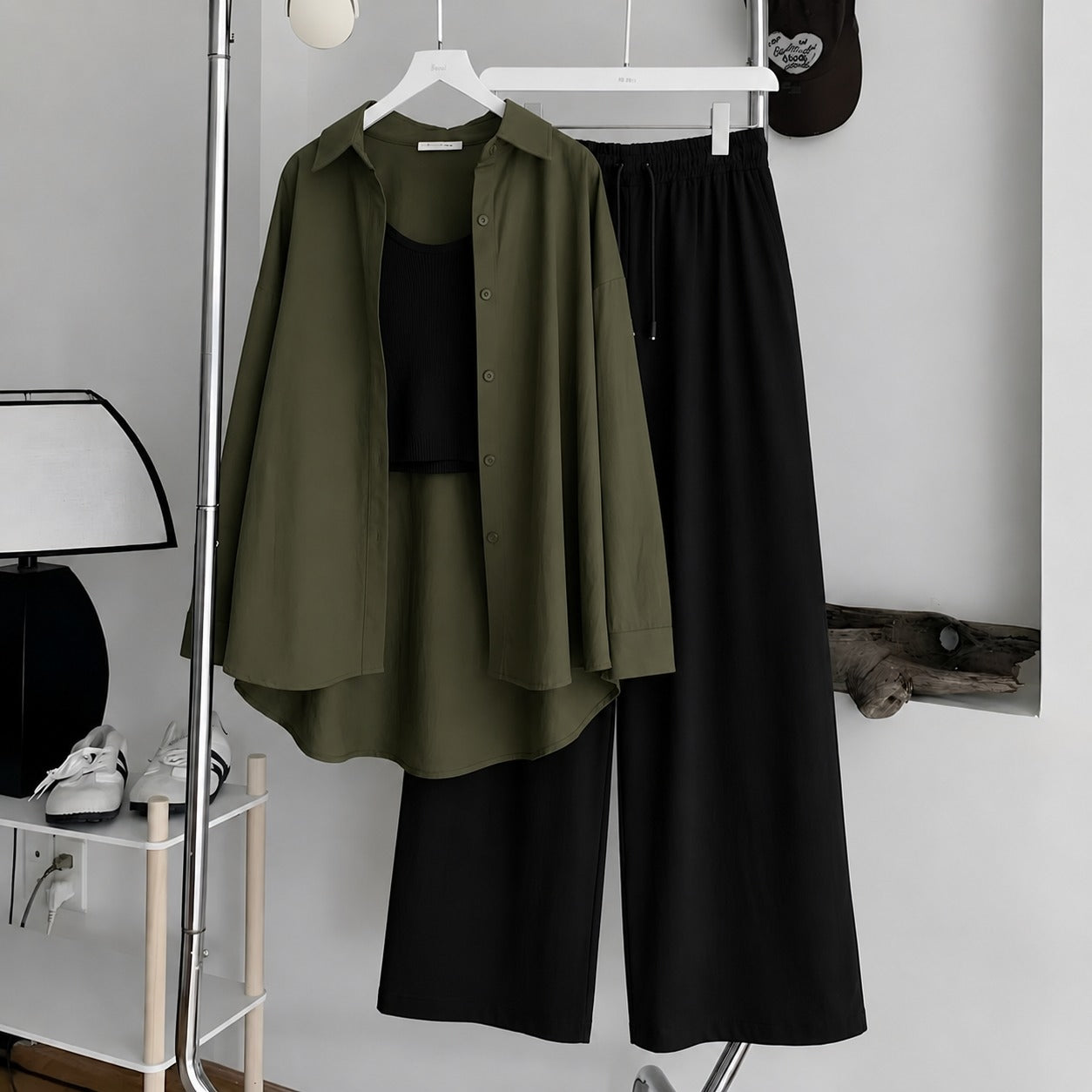 Olive-Green Button Down ,Black Inner & Black Flapper Trouser
