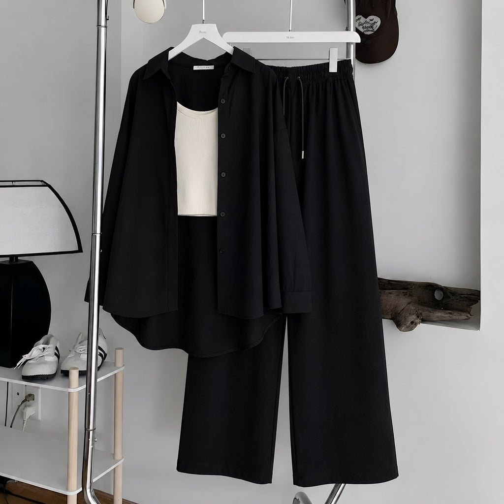 Black Button Down ,White Inner & Black Flapper Trouser
