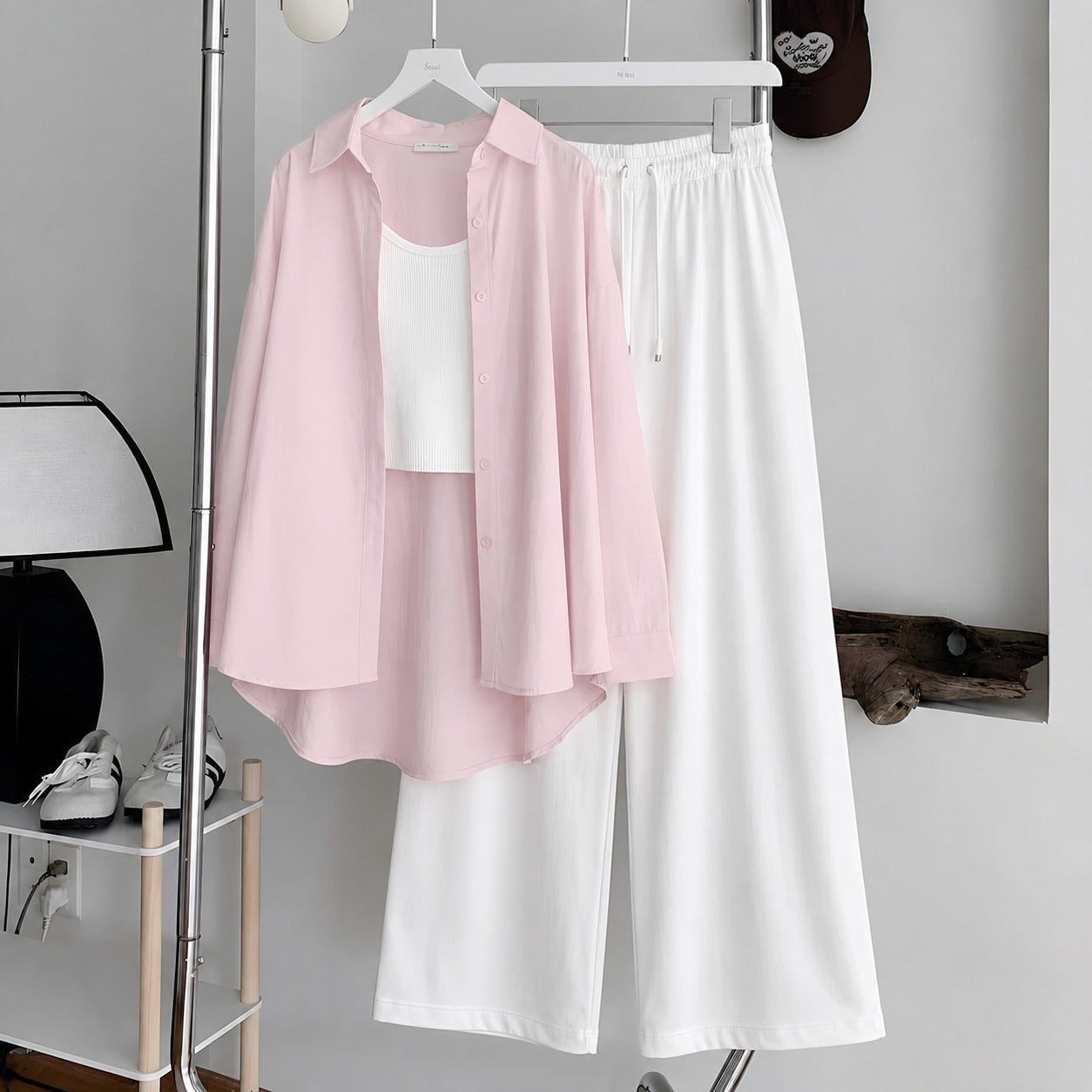 Baby-Pink Button Down ,White Inner & White Flapper Trouser